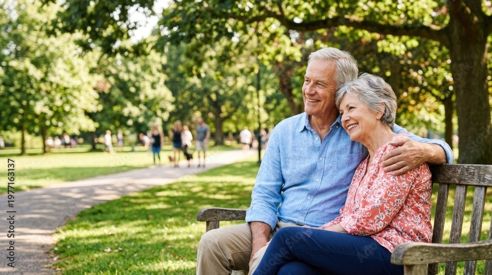 Fototapeta premium An elderly couple sits together on a wooden park bench, enjoying a sunny day. The man, with gray hair and a blue shirt, leans his arm around the woman, who wears a pink and orange patterned shirt.