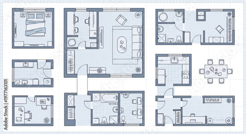 Collection of various apartment floor plans and blueprints.