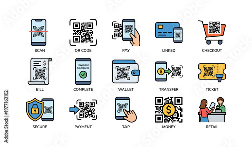 Digital payment icons featuring qr codes and transactions