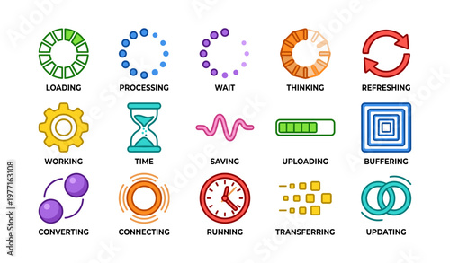 Loading icons set: colorful symbols for progress and status indication