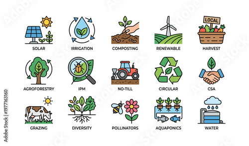 Sustainable agriculture practices icons: solar, irrigation, composting, renewable, harvest
