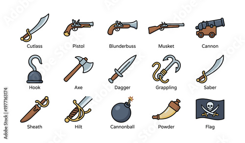 Collection of pirate weapons and tools: cutlass, cannon, pistol, axe, musket, dagger, cannonball