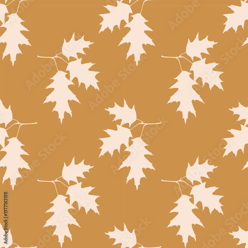 Seamless Vector Pattern of Minimalist Oak Leaves Silhouettes on Terracotta Background for Autumn Fabric, Wallpaper and Home Decor Design. Vector illustration