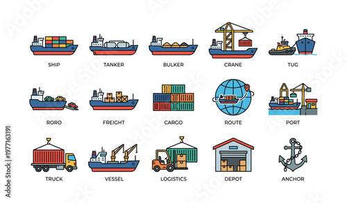 Colorful shipping and logistics icons collection