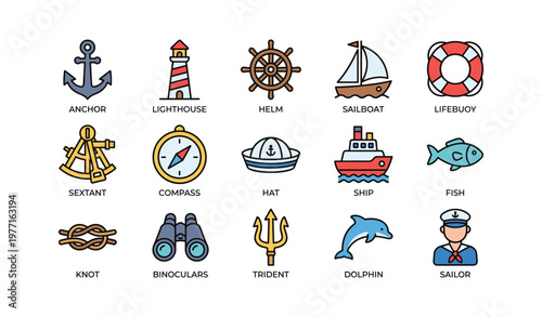 Colorful nautical icons collection featuring anchor, lighthouse, and sailboat