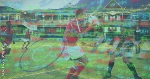 Animation of data processing and scope scanning over diverse rugby players at stadium