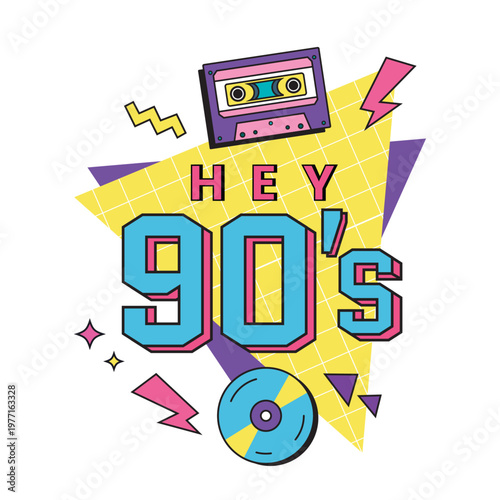Vector retro illustration with a cassette tape, CD, and geometric shapes in bright pink, yellow, blue, purple, evoking playful 1990s pop culture and nostalgia.A colorful design with bold HEY 90’s text