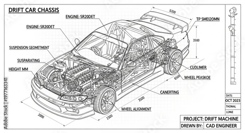 Detailed technical drawing of a drift car chassis and engine components.