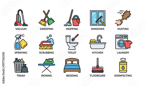 Household cleaning icons: vacuum, mopping, windows, dusting, laundry, scrubbing, ironing