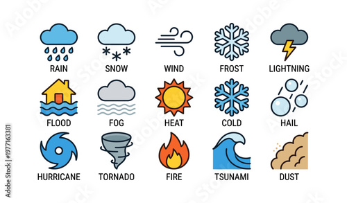 Weather symbols: rain, snow, wind, frost, lightning, and more