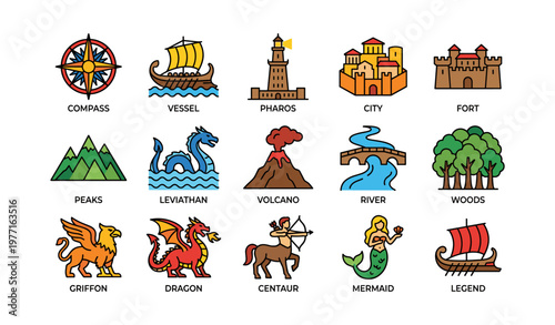 Icons of mythology: leviathan, centaur, and legendary symbols