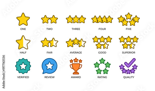 Rating and review icons including stars, trophies, and badges for quality and feedback