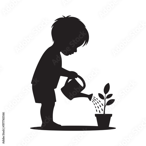 Black silhouette of child watering small plant in pot