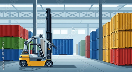 Forklift truck moving cargo containers in a warehouse.