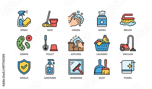 Cleaning equipment and hygiene icons: tools for household sanitation and germ prevention