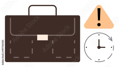 Time management, deadlines, business tools, productivity challenges, punctuality, workplace obligations. Brown briefcase, caution sign and a clock. Time management and deadlines concept