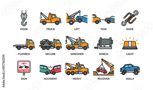 Towing icons collection: vehicles, trucks, hooks, ropes, winches, accidents recovery