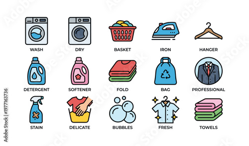 Laundry icon set: washing, drying, ironing, folding essentials