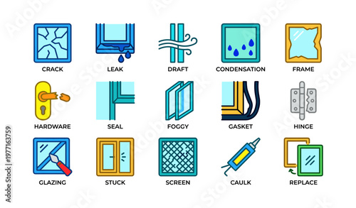 Vector icons depicting window issues including leak, draft, condensation, and replacement tools