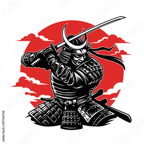 Japanese Samurai Warrior with Katana Sword and Red Sun Background