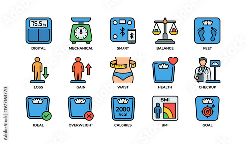 Weight loss and health icon set: digital scales, bmi, nutrition, fitness, health checkups