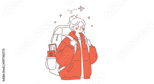 Minimalist illustration of young woman, red coat, winter fashion, travel, adventure style