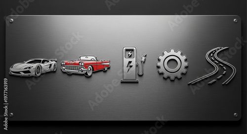 Automotive industry symbols including cars fuel and gears.