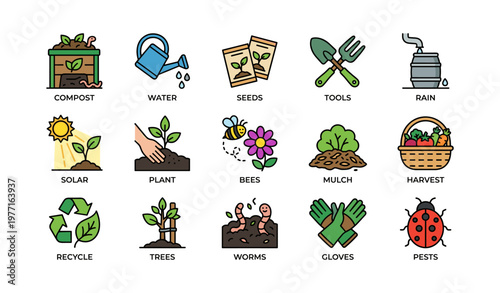 Gardening icons set: compost, watering, seeds, tools, harvest