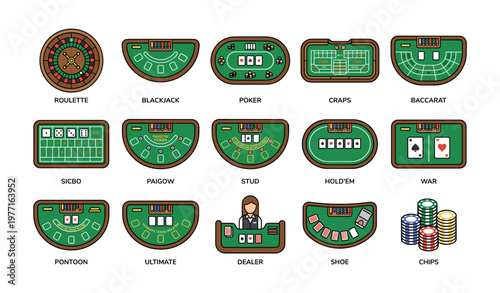 Casino gaming tables: roulette, blackjack, poker, craps, baccarat