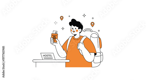 Traveler, young adult, hotel, backpack, illustration, vector, orange, smiling, tourist