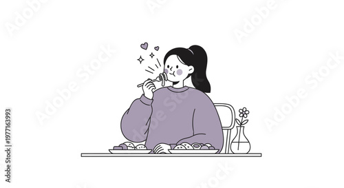 Vector illustration of pregnant woman, sitting, eating healthy food, minimalist style