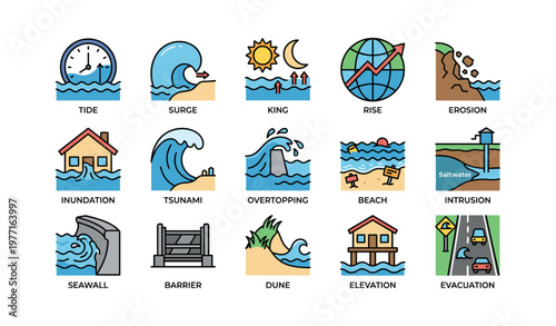 Natural disaster icons: tide, tsunami, evacuation, erosion, surge, beach, seawall, barrier, dune