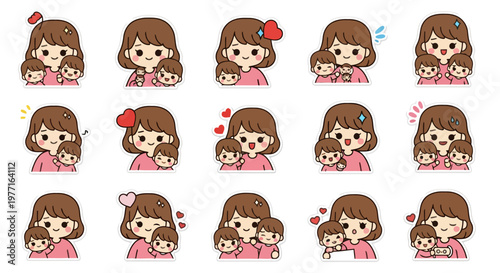 Cute cartoon illustrations of mothers and children showcasing love, joy, and emotional bonds