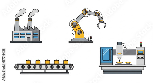 Industrial manufacturing equipment and factory illustration.