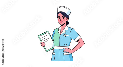 Caring Female Nurse Illustration Ready to Assist with Medical Checklist and Patient Support
