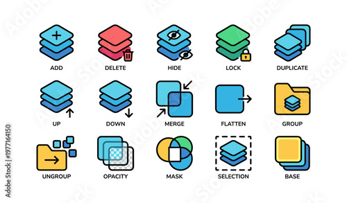 Colorful icon set representing various file editing and management actions