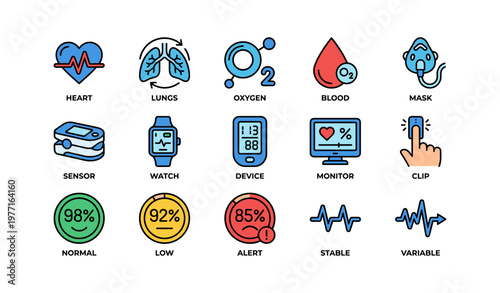 Healthcare icons: heart, lungs, oxygen, blood, vital signs monitoring symbols
