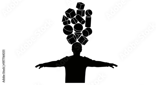 Silhouette of a person with geometric shapes floating above their head