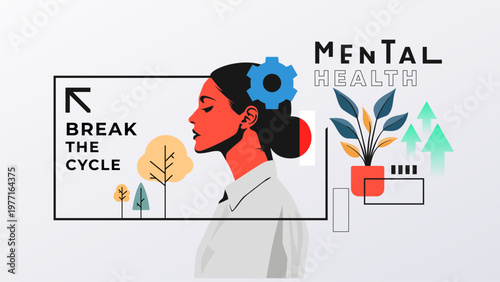 Empower your mental health journey with this "Break the Cycle" concept. Featuring a profile of a woman with symbolic gears and growth icons, it illustrates the path to overcoming habits.