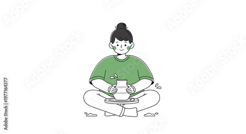 Vector illustration of a woman meditating, yoga and mindfulness concept, green shirt, sitting in lotus position, relaxation and calmness