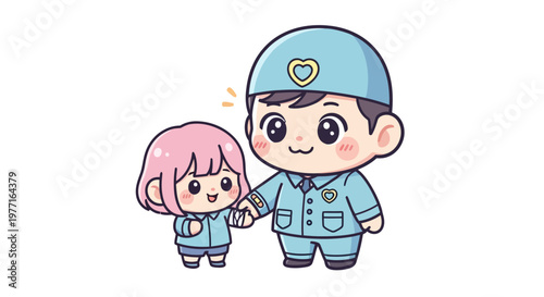 Cute Cartoon Soldier Holding Hands With a Little Girl With Pink Hair