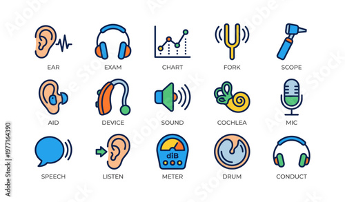 Hearing and sound icons: ear, devices, chart, fork, sound meter