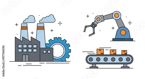 Factory industrial automation and robotic arm with conveyor belt.