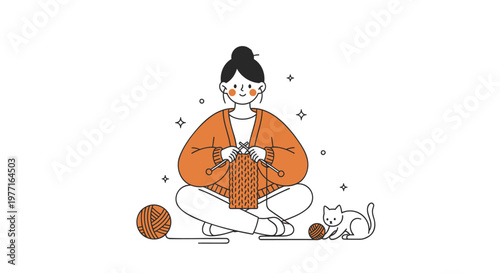 Woman knitting with cat, orange sweater, yarn ball, vector illustration, hobby, leisure activity