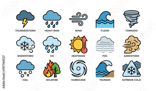 Weather icons: thunderstorm, rain, wind, flood, tornado, snow, ice, heatwave, fog, sandstorm
