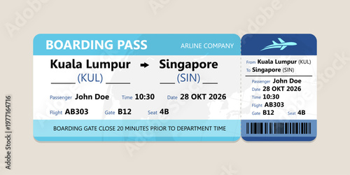 Realistic illustration of airplane ticket boarding pass with passenger name and destination. Concept of travel, journey or business trip.