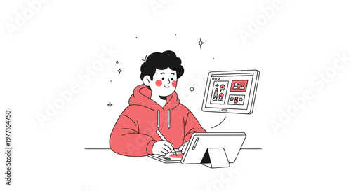 Creative person, working remotely, on laptop, digital illustration, flat design