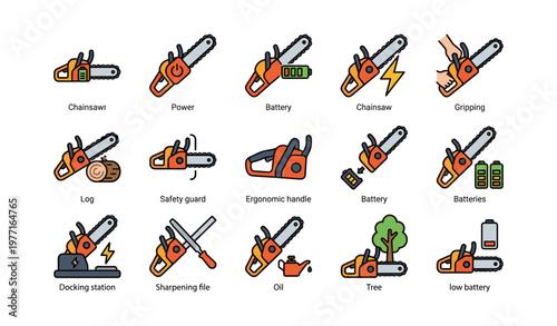 Chainsaw icons: battery, safety, ergonomic handle, accessories, power