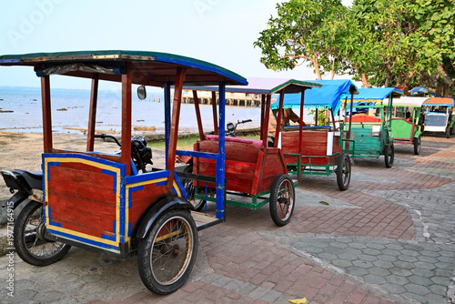 Row of rickshaws on the background of sea, Bintan, Indonesia.
