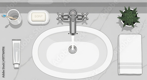 Modern bathroom sink with running water and toiletries.